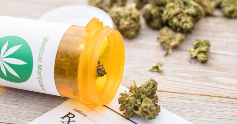 Prescription bottle with cannabis buds representing medical marijuana coverage.